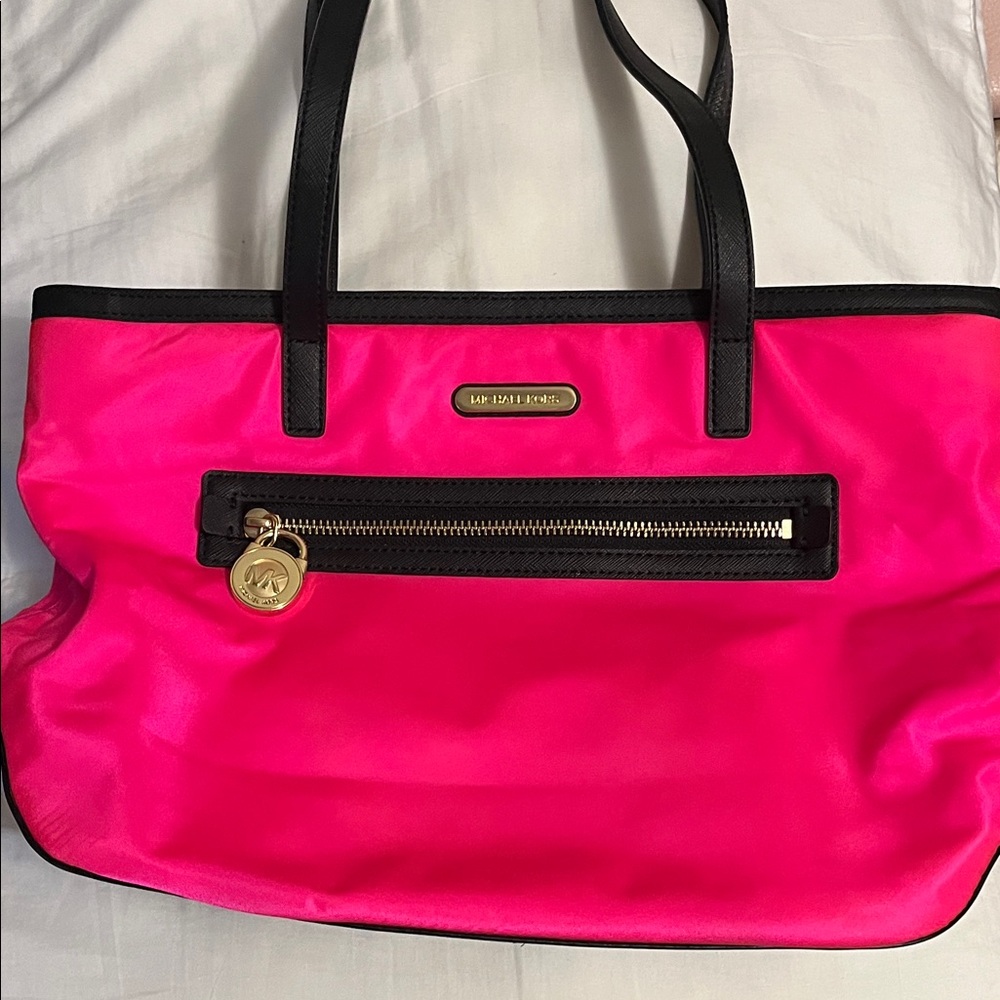 Michael Kors Hot Pink Tote with Black Trim and Gold Hardware